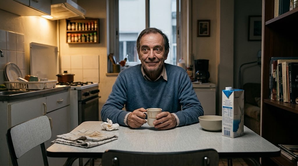 Uma fotografia autêntica, tirada na altura dos olhos, de um homem mais velho com cabelos grisalhos e um suéter azul, sentado em uma mesa de fórmica de meados do século e olhando para a câmera com uma expressão calorosa e sorridente. Ele está em uma cozinha compacta e acolhedora, com armários brancos simples e utensílios de cozinha. Na mesa à sua frente há uma caneca de café de cerâmica em suas mãos, uma tigela, uma caixa de leite azul e branca e um guardanapo amassado ao lado de um pano dobrado. A luz natural suave entra por uma janela ao fundo, e uma estante cheia de livros está parcialmente visível à direita. A atmosfera é confortável e natural.