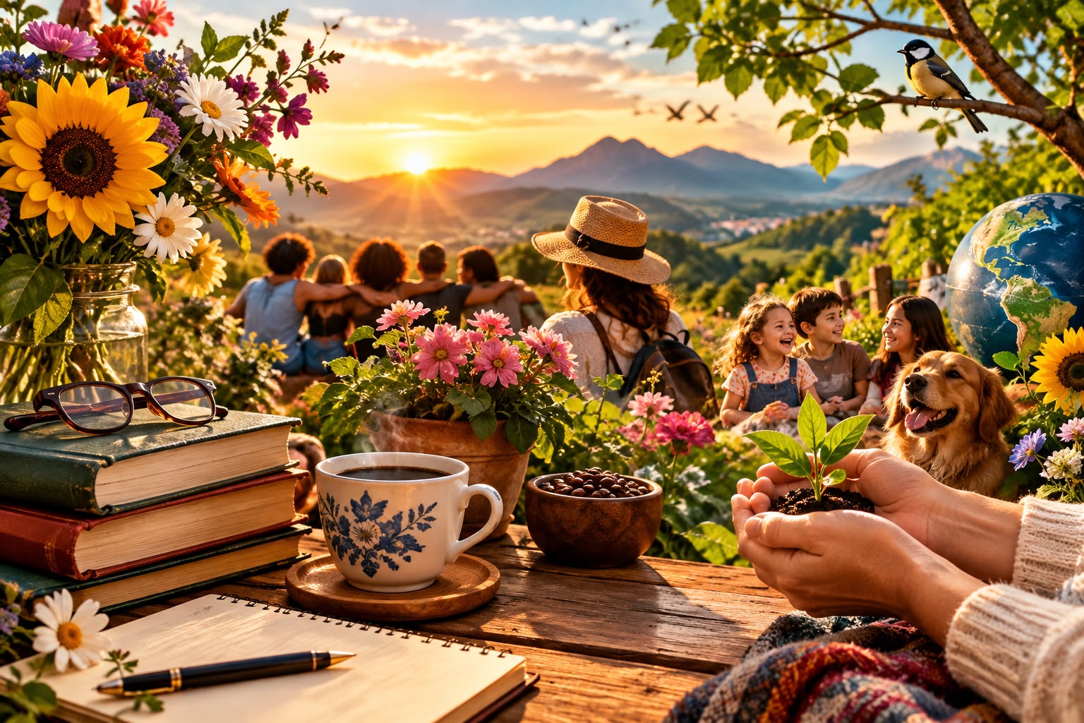 Jardim florido ao pôr do sol, com vegetação exuberante banhada por tons quentes de dourado e laranja, criando uma atmosfera serena, acolhedora e contemplativa.