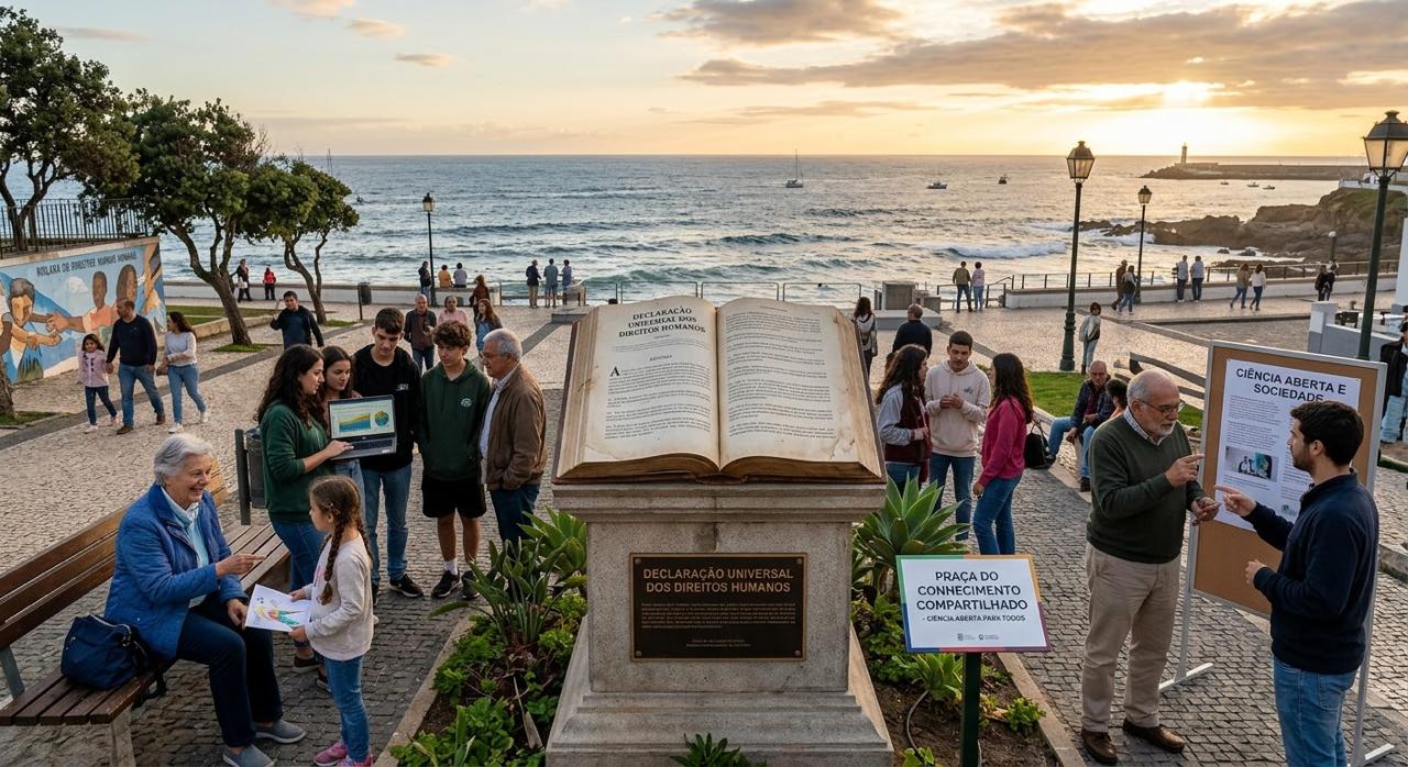 Fotografia realista de uma praça à beira-mar durante o pôr do sol, onde pessoas de diferentes idades interagem ao redor de um monumento central com um grande livro aberto da Declaração Universal dos Direitos Humanos. Descrição detalhada: Imagem em plano geral de uma praça de calçada de pedra à beira do oceano, banhada pela luz suave do pôr do sol. * Centro: No centro da praça, sobre um pedestal de pedra com uma placa explicativa, destaca-se um grande livro aberto estilizado como monumento, com o título “Declaração Universal dos Direitos Humanos” visível em suas páginas. Ao lado da base, há uma placa informativa com a inscrição “Praça do Conhecimento Compartilhado - Ciência Aberta Para Todos”. * Lado Esquerdo: Uma mulher idosa sentada em um banco de madeira conversa com uma jovem garota. Ao lado delas, um grupo de jovens e um homem mais velho observam um notebook exibindo gráficos coloridos. Ao fundo, no muro, há um painel pintado. * Lado Direito: Dois homens, um idoso e um mais jovem, conversam perto de um painel de exposição com o título “Ciência Aberta e Sociedade”. Próximo a eles, outros jovens conversam. * Fundo: Ao fundo, vê-se a orla com uma mureta de proteção, pessoas caminhando, o oceano calmo com pequenas embarcações e um farol ao longe no horizonte sob um céu levemente nublado iluminado pelo sol nascente ou poente. Se precisar de uma versão mais resumida para redes sociais ou campos com limite de caracteres, basta avisar!