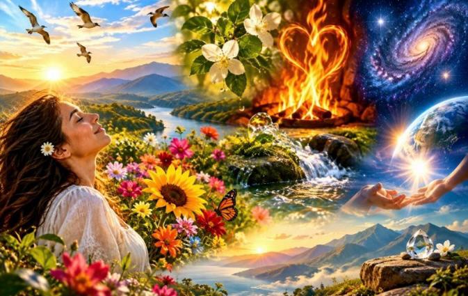 Uma composição artística e vibrante em formato de colagem com elementos da natureza e espirituais. No primeiro plano à esquerda, uma mulher de perfil, com os olhos fechados e expressão de serenidade, veste uma blusa branca e está rodeada por flores coloridas, incluindo girassóis e uma borboleta. Na parte superior esquerda, vê-se uma paisagem montanhosa ao amanhecer com pássaros a voar. Ao centro e à direita, a imagem transita por cenários místicos: flores brancas em destaque, uma fogueira com chamas em formato de coração, uma cachoeira límpida, uma galáxia espiralada no espaço e mãos estendidas na direcção de um planeta iluminado. Na parte inferior direita, uma rocha exibe um cristal lapidado brilhante com vista para montanhas e vales ao entardecer.