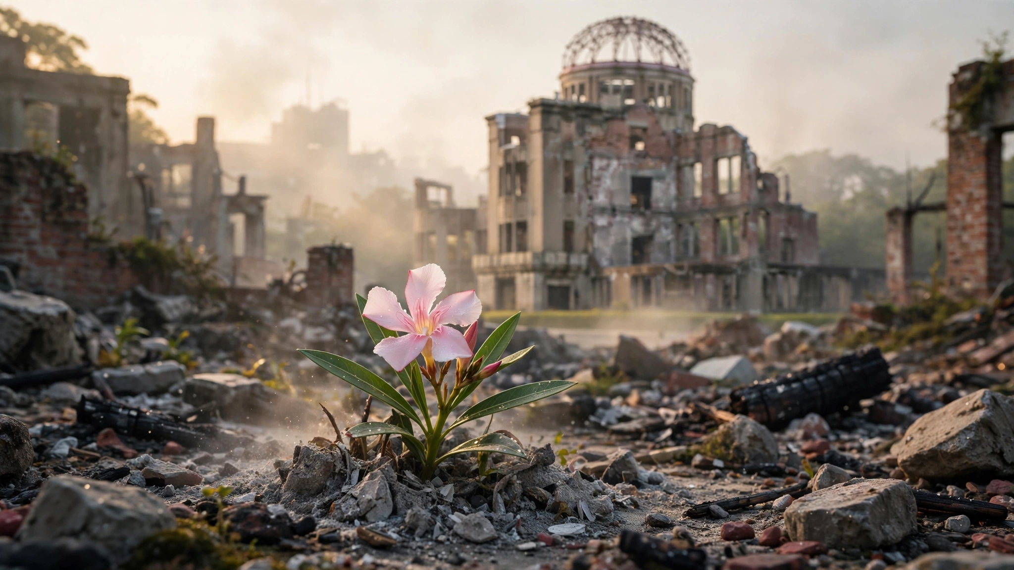 Fotografia em plano aproximado de uma flor cor-de-rosa de pétalas delicadas a crescer no meio de escombros e cinzas, em primeiro plano. Ao fundo, sob uma luz suave de nevoeiro ou fumo, avistam-se as ruínas destruídas de um edifício histórico com uma cúpula metálica esquelética, evocando uma atmosfera de desolação e resiliência.
