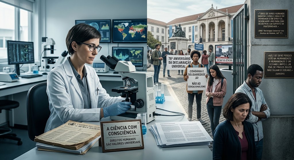 Uma imagem conceptual dividida entre o interior de um laboratório científico, onde uma cientista observa ao microscópio junto a documentos sobre Direitos Humanos, e o exterior, com manifestantes que protestam pela dignidade humana e paz perante uma praça pública.
