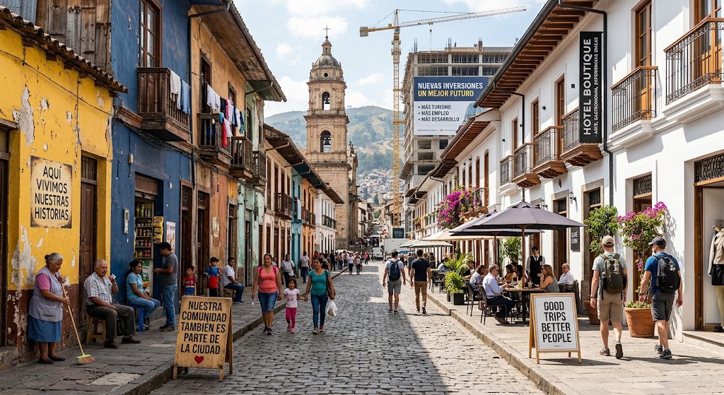 Fotografia conceitual de uma rua histórica em paralelepípedos dividida entre tradição e gentrificação. Do lado esquerdo, fachadas antigas e desgastadas com moradores locais e cartazes comunitários. Do lado direito, edifícios brancos reformados, um hotel boutique, restaurante com esplanada e turistas. Ao fundo, uma torre de igreja histórica ao lado de um prédio em construção com um guindaste.