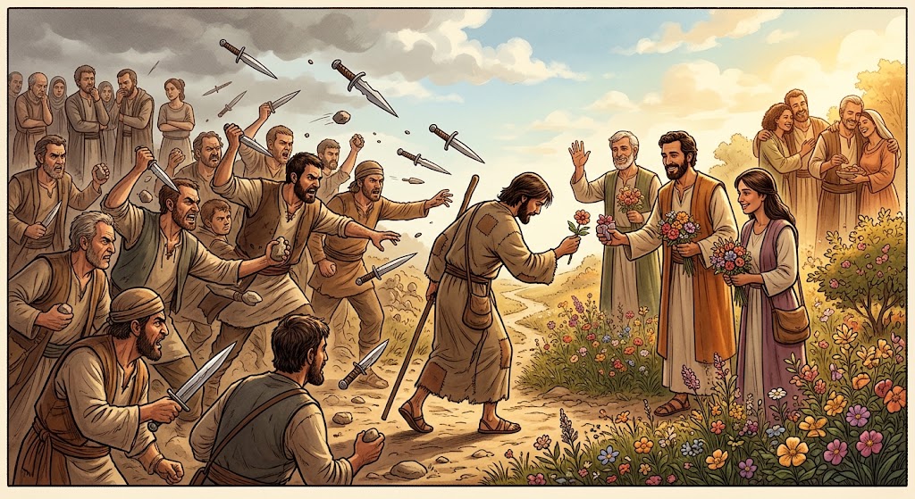Esta ilustração em estilo de desenho animado, no estilo de um livro ilustrado, retrata uma cena alegórica de um homem em pé no meio, em um caminho que se bifurca. À sua esquerda, uma multidão de homens enfurecidos lança pedras e punhais contra ele, que está ligeiramente curvado e com a cabeça baixa, parecendo abatido. À sua direita, outro grupo de pessoas está em pé pacificamente, segurando e oferecendo-lhe flores e outras plantas. O lado da multidão enfurecida é escuro e nublado, enquanto o lado das pessoas amigáveis é claro e ensolarado. A ilustração sugere a escolha entre focar na negatividade e no conflito ou na positividade e na bondade.