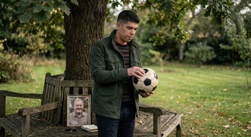 Fotografia em ambiente externo ao ar livre, em um parque ou jardim com gramado e árvores ao fundo. Em primeiro plano, um homem adulto de cabelo curto e escuro segura com as duas mãos uma bola de futebol clássica, preta e branca. Ele veste uma jaqueta verde-militar por cima de uma blusa listrada e calça escura, olhando para baixo em direção à bola com expressão serena e reflexiva. Ao seu lado, sobre um banco de madeira rústica posicionado sob a sombra de uma grande árvore, há um porta-retrato com a foto de um homem idoso sorrindo