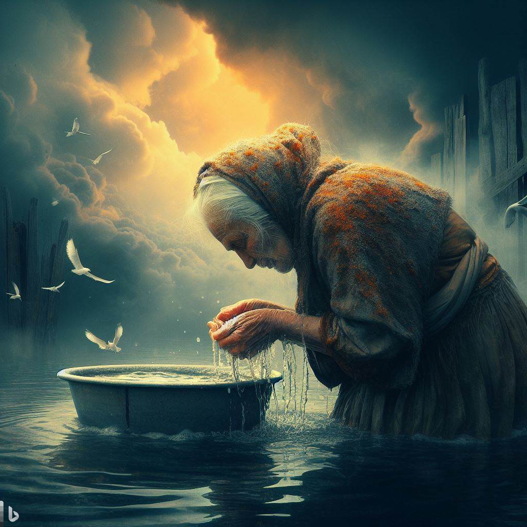 Uma senhora de idade 'lavando a alma'