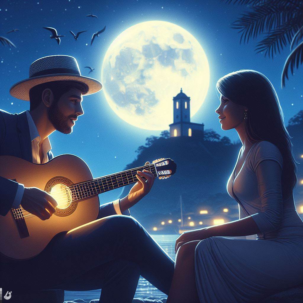 "Um violeiro tocando violão para a mulher amada, sob a luz do luar"