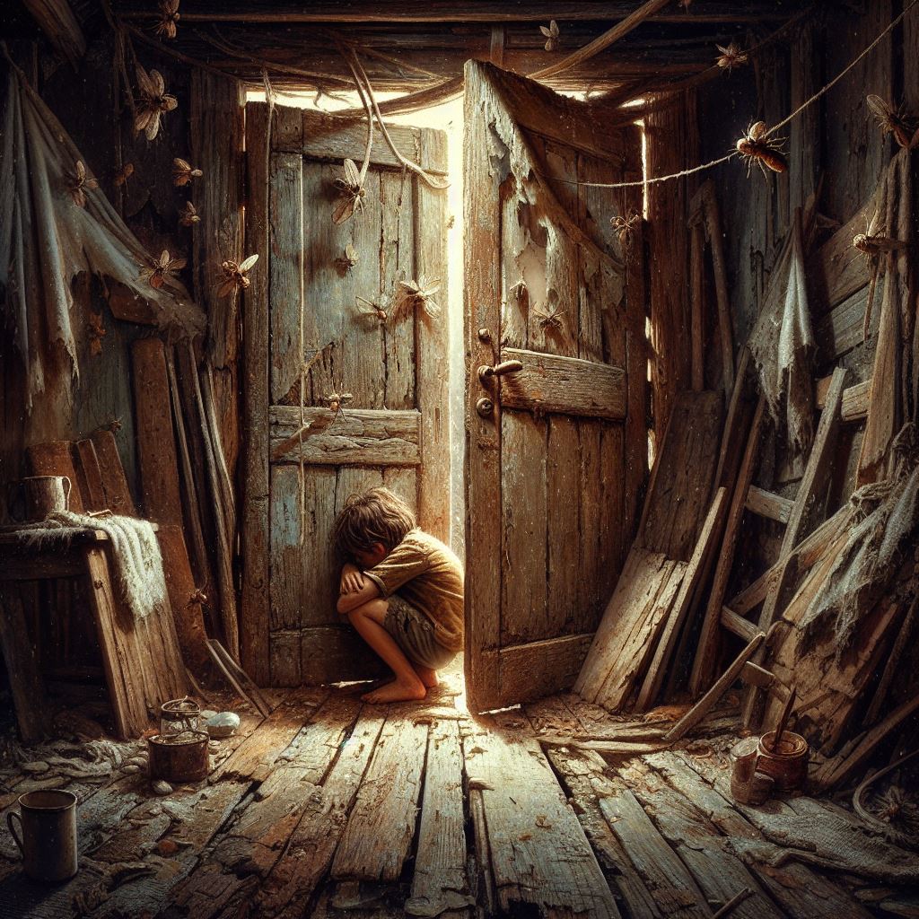 "Uma criança, encolhido atrás de uma velha porta de madeira, jogada às traças e ao tempo e escorada num velho móvel"