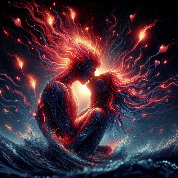 "Imergimos num mar de emoções  e, em chamas de intenso amor, brilho no olhar, beijos ardentes,...