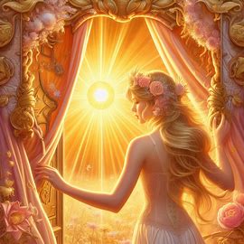 Na porta aberta do dia o Sol abre suas cortinas douradas e um olhar doce meigo e feminino, de encanto, pureza e magia resplandece no seu despertar