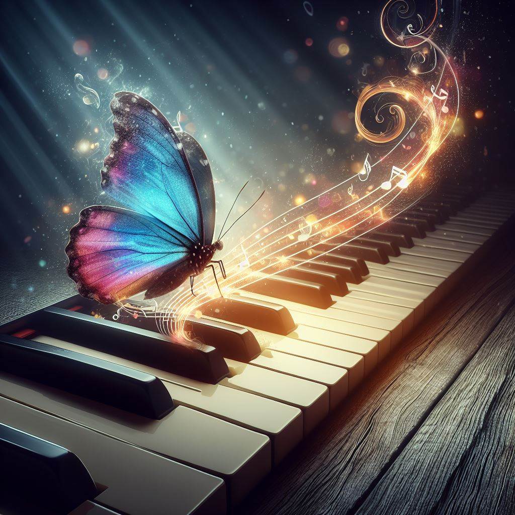 Uma nota musical saindo da tecla do piano, com asas de borboleta