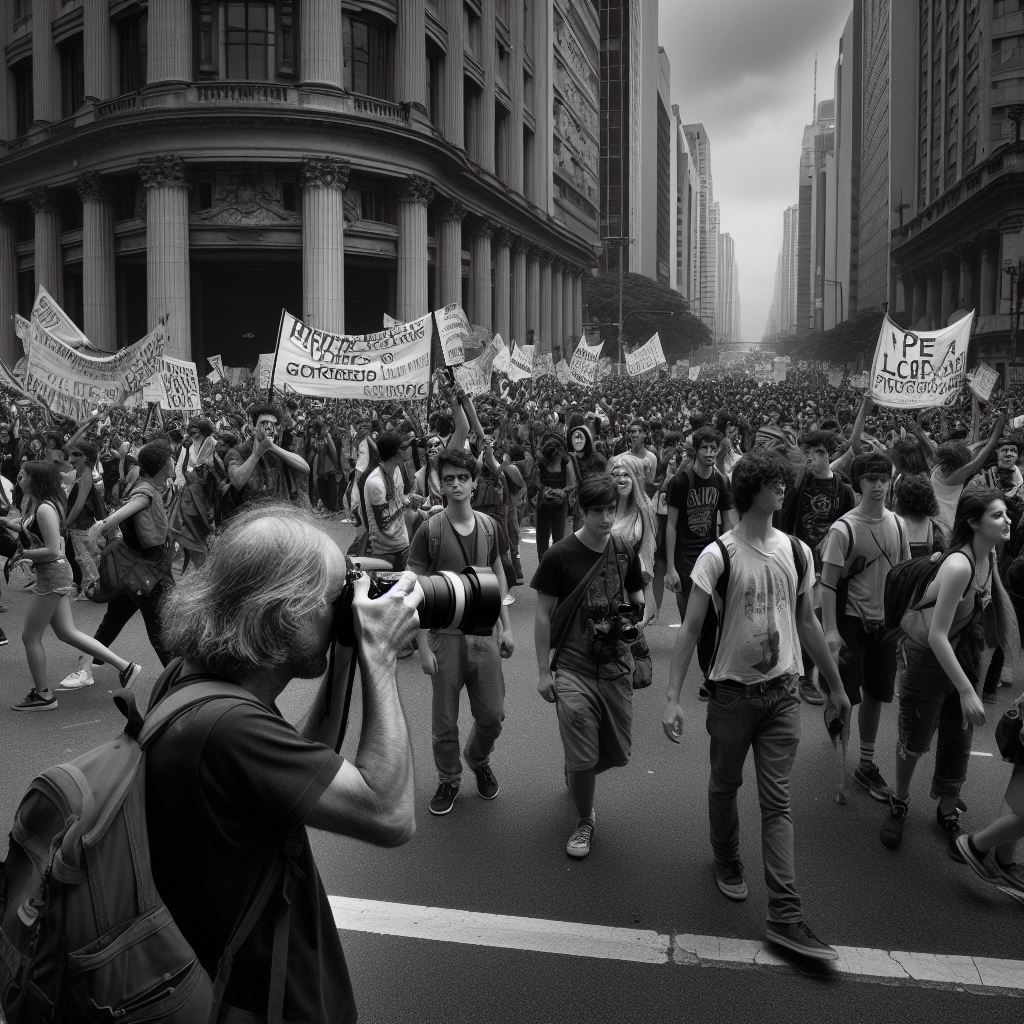 fotografo jornalístico presente no centro de São Paulo, nos anos 64 fotografando manifestação estudantil 