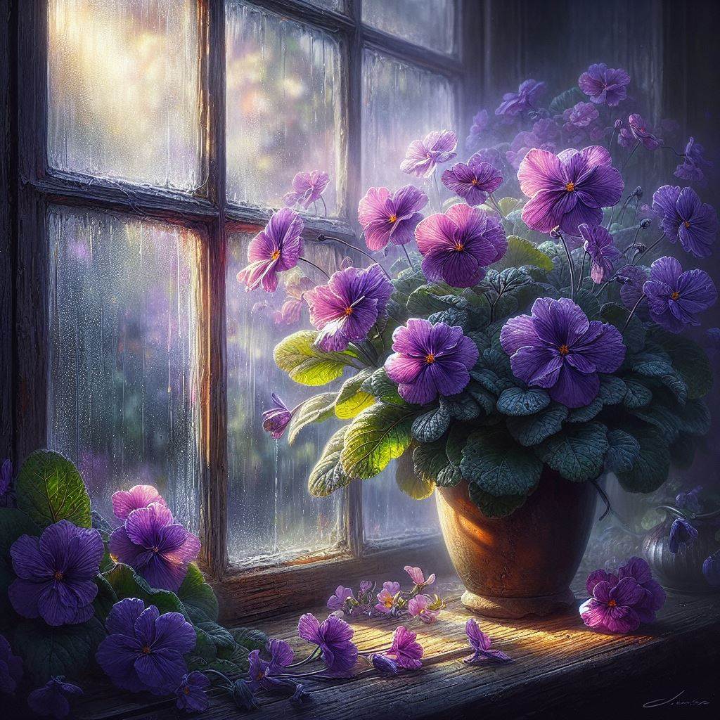 Flores violetas numa janela