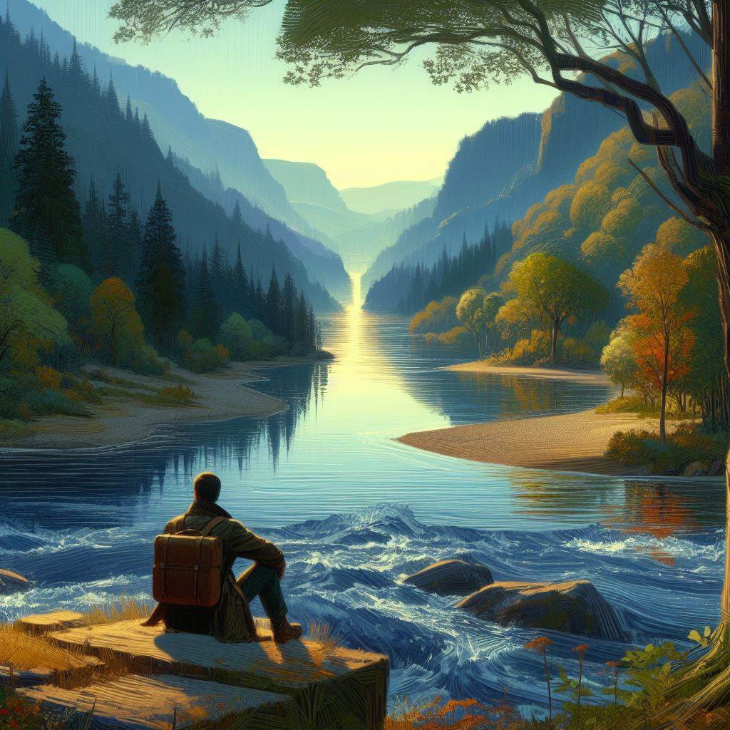 "A serenidade do rio descendo, calmo no leito que escolheu,"