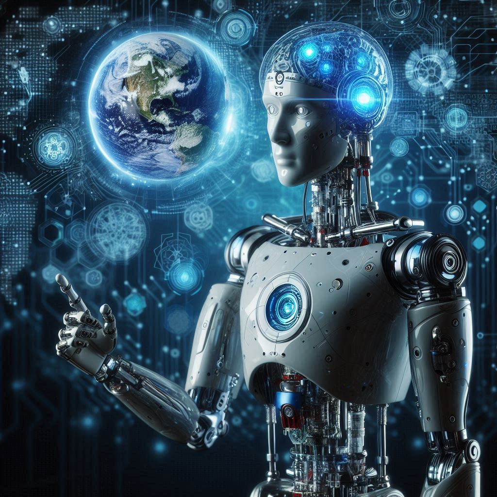Robô com Inteligência Artificial olhando o mundo (imagem criado por IA no Bing)