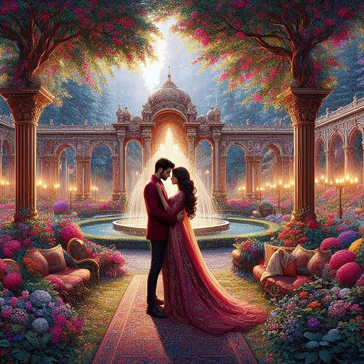 Um casal apaixonado, num belíssimo jardim