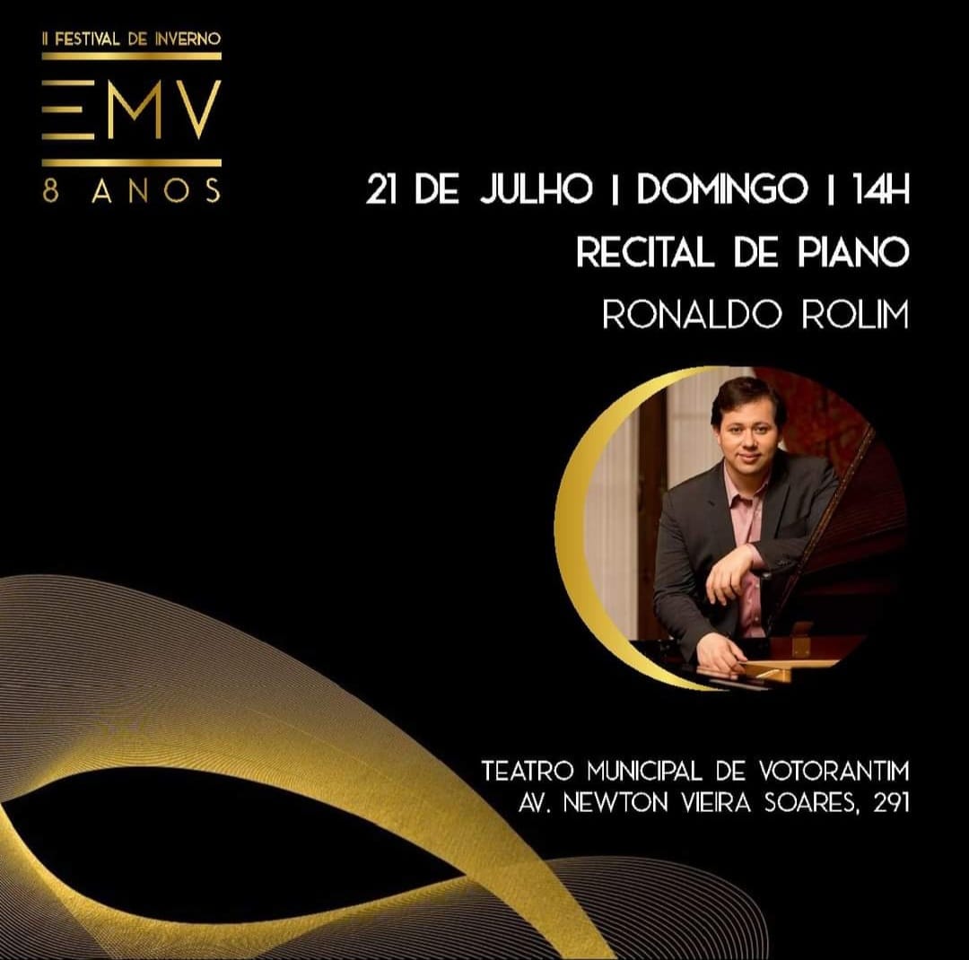 Cartaz do recital de piano de Ronaldo Rolim, no Teatro Municipal de Votorantim (SP)