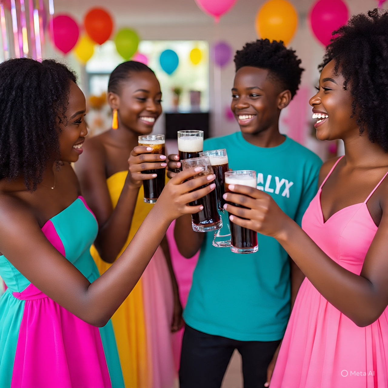 Jovens brindando em uma festa. Imagem criada por IA da Meta