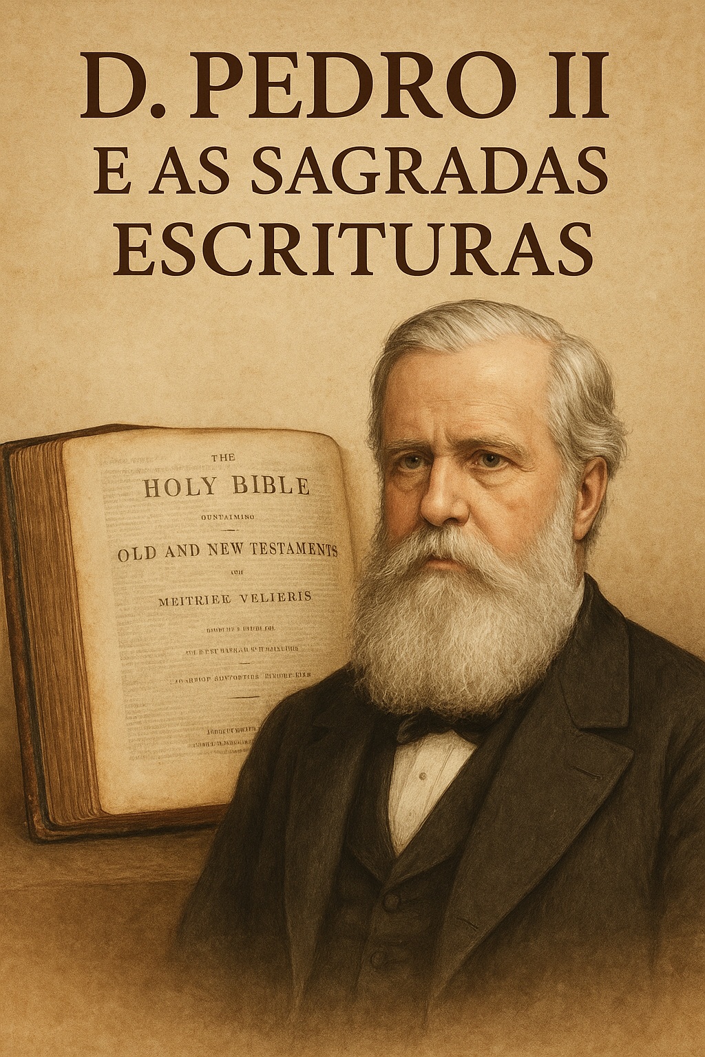 Retrato artístico de D. Pedro II em estilo clássico, criado por IA do ChatGPT. “O Imperador e a Bíblia: um encontro entre história e espiritualidade.”