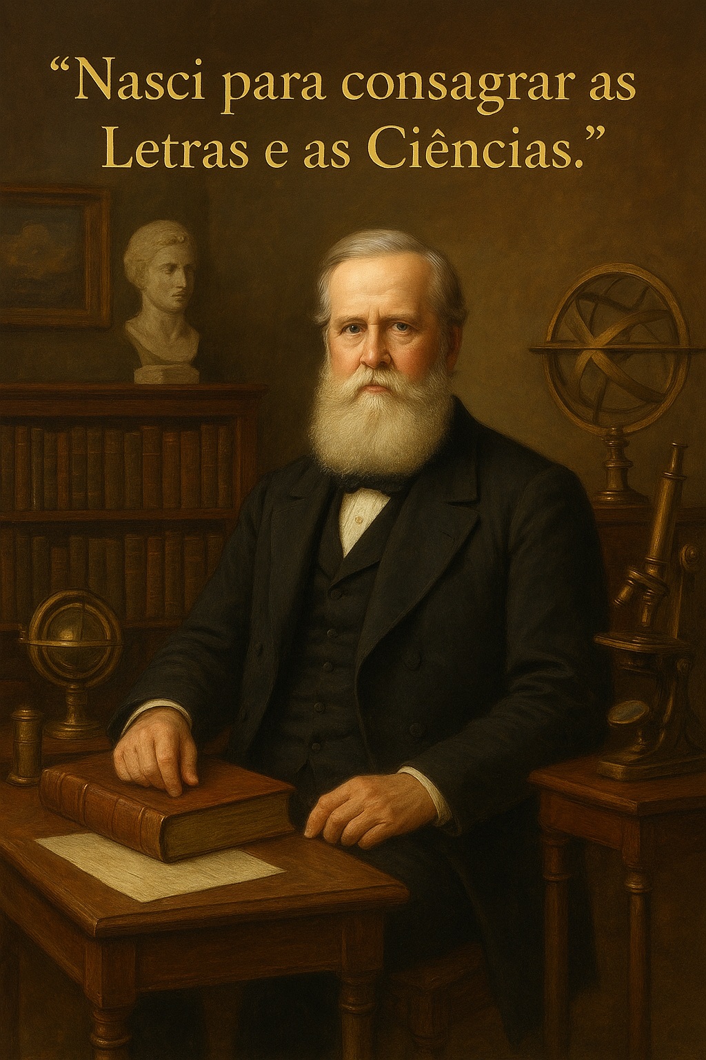 A imagem, criada por IA do ChatGPT, apresenta o Imperador Dom Pedro II retratado em um ambiente claramente intelectual e científico, reforçando seu reconhecido perfil de monarca erudito. O estilo visual remete à tradição dos retratos acadêmicos do século XIX, com iluminação suave, tons dourados e composição equilibrada. Imagem criada por IA