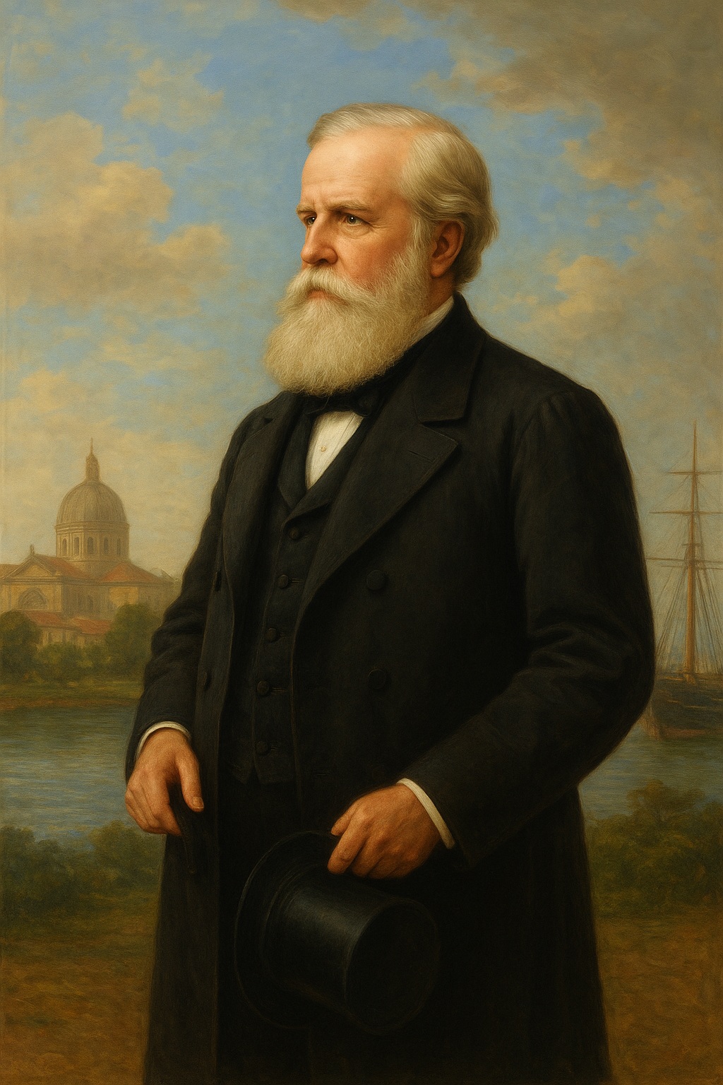 A imagem apresenta Dom Pedro II em perfil, retratado em estilo pictórico clássico, evocando pinturas de viajantes e naturalistas do século XIX. O Imperador surge com expressão serena e contemplativa, mirando o horizonte, o que simboliza sua constante busca por conhecimento e sua curiosidade intelectual durante as inúmeras viagens que realizou pelo mundo. Imagem criada por IA do ChatGPG