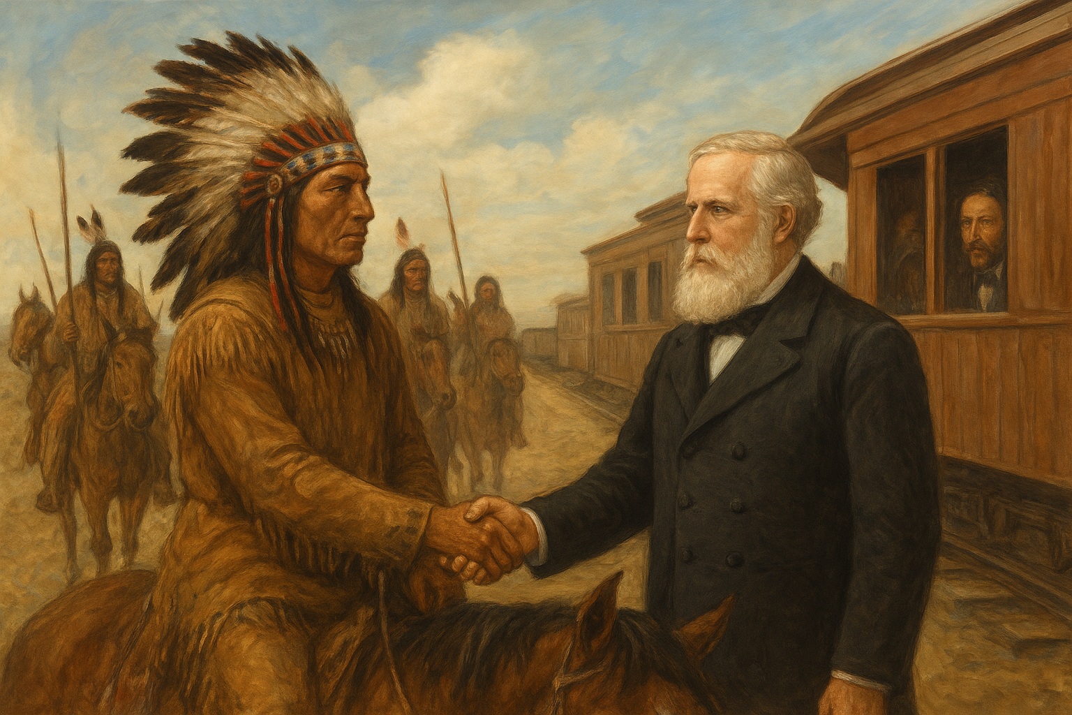 Cena histórica e emocionante: Dom Pedro II, durante sua viagem aos Estados Unidos em 1876, aperta a mão de um líder Sioux, simbolizando o respeito entre culturas e a diplomacia do Imperador brasileiro - um verdadeiro encontro entre mundos. Imagem cr9iada por Ia do ChatGPT