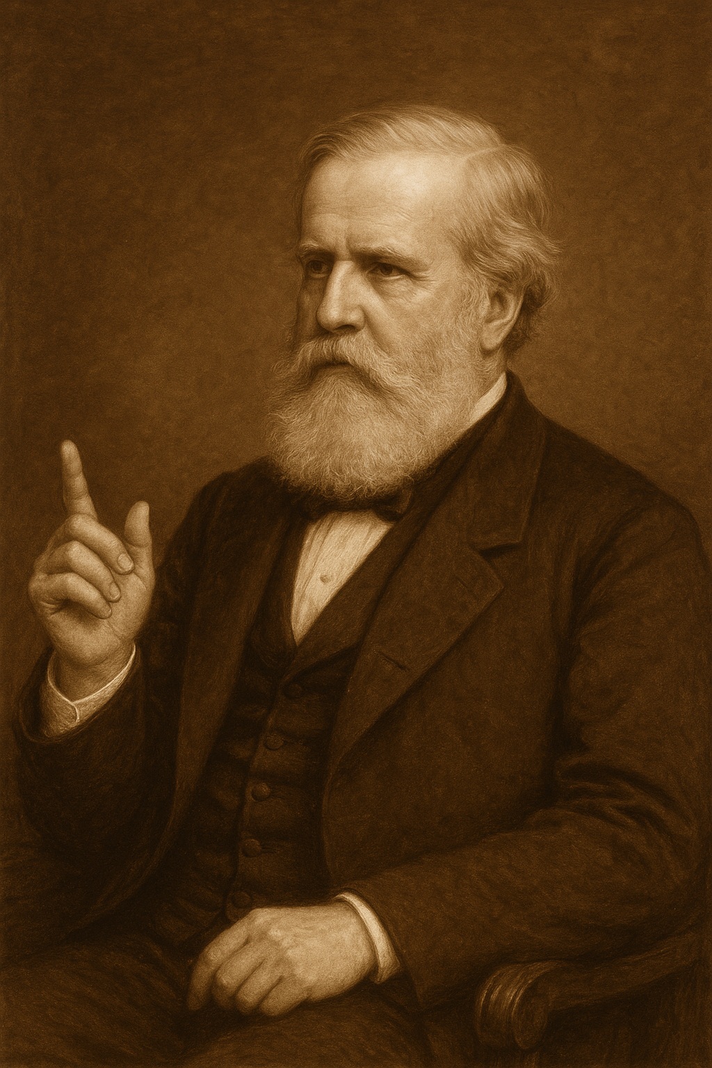 Retrato de Dom Pedro II em pose reflexiva, em estilo clássico do século XIX. O imperador é representado em tons sépia, com gesto sereno e expressão contemplativa, simbolizando sua admiração pela educação e pelo papel do professor.