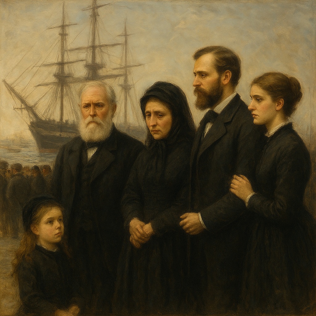 Pintura em estilo clássico rcriado por IA do ChatGPT, etratando a partida da Família Imperial do Brasil: Dom Pedro II e seus familiares a bordo de um navio, sob um clima de despedida solene e melancólica, simbolizando o fim do Império e o início do exílio.