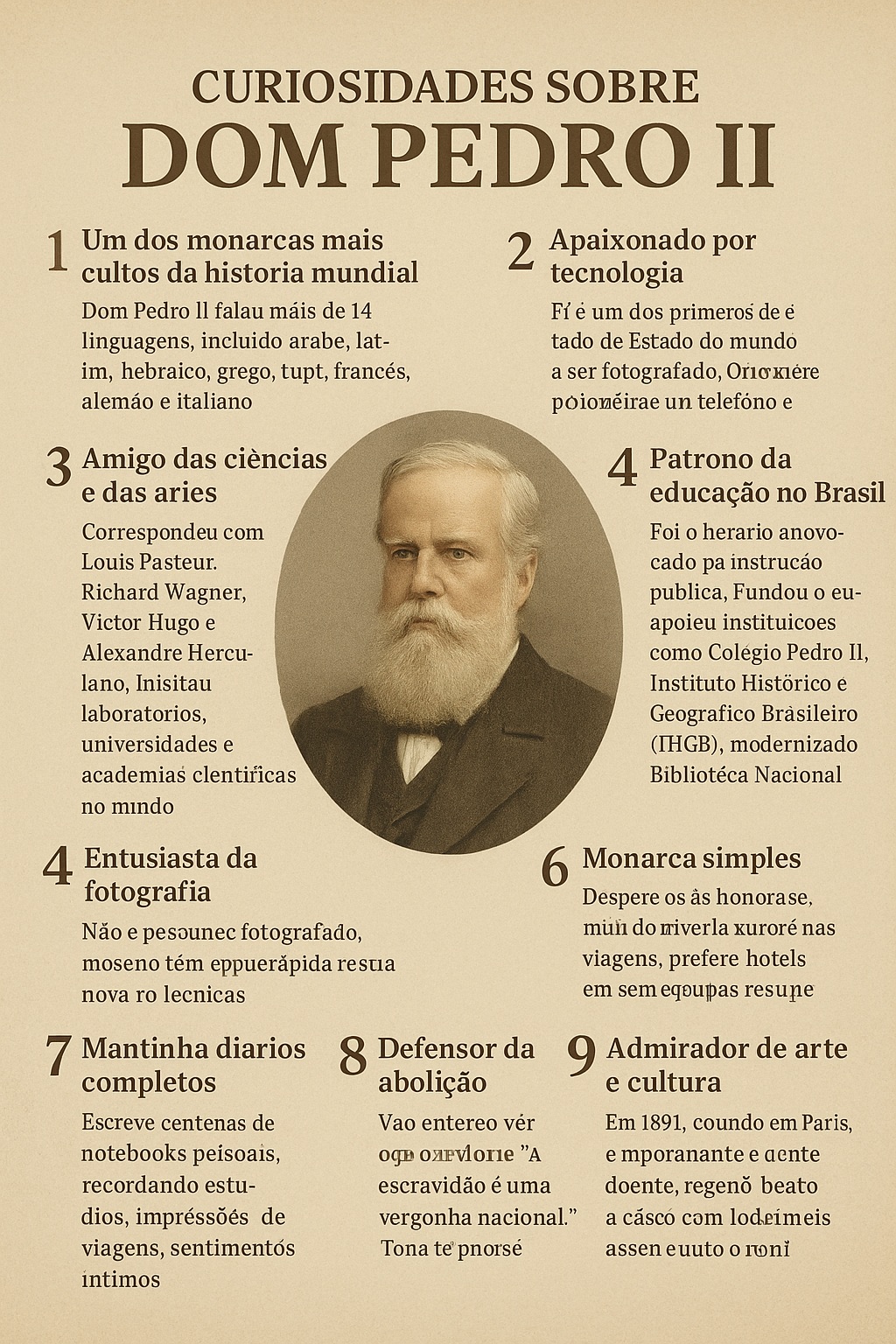 Arte em estilo vintage criada por IA do ChatGPT, apresentando curiosidades sobre Dom Pedro II, com fundo em tom sépia, tipografia clássica e um retrato central do imperador. Ao redor da imagem, dez curiosidades destacam seu conhecimento, paixão pela ciência, tecnologia, educação, artes e simplicidade pessoal.