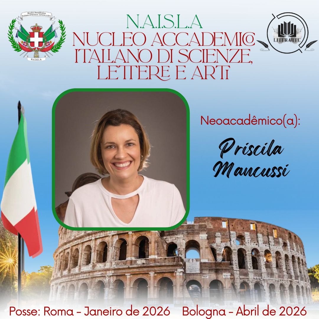Card da N.A.I.S.L.A, apresentando a neoacadêmica Priscila Mancusi