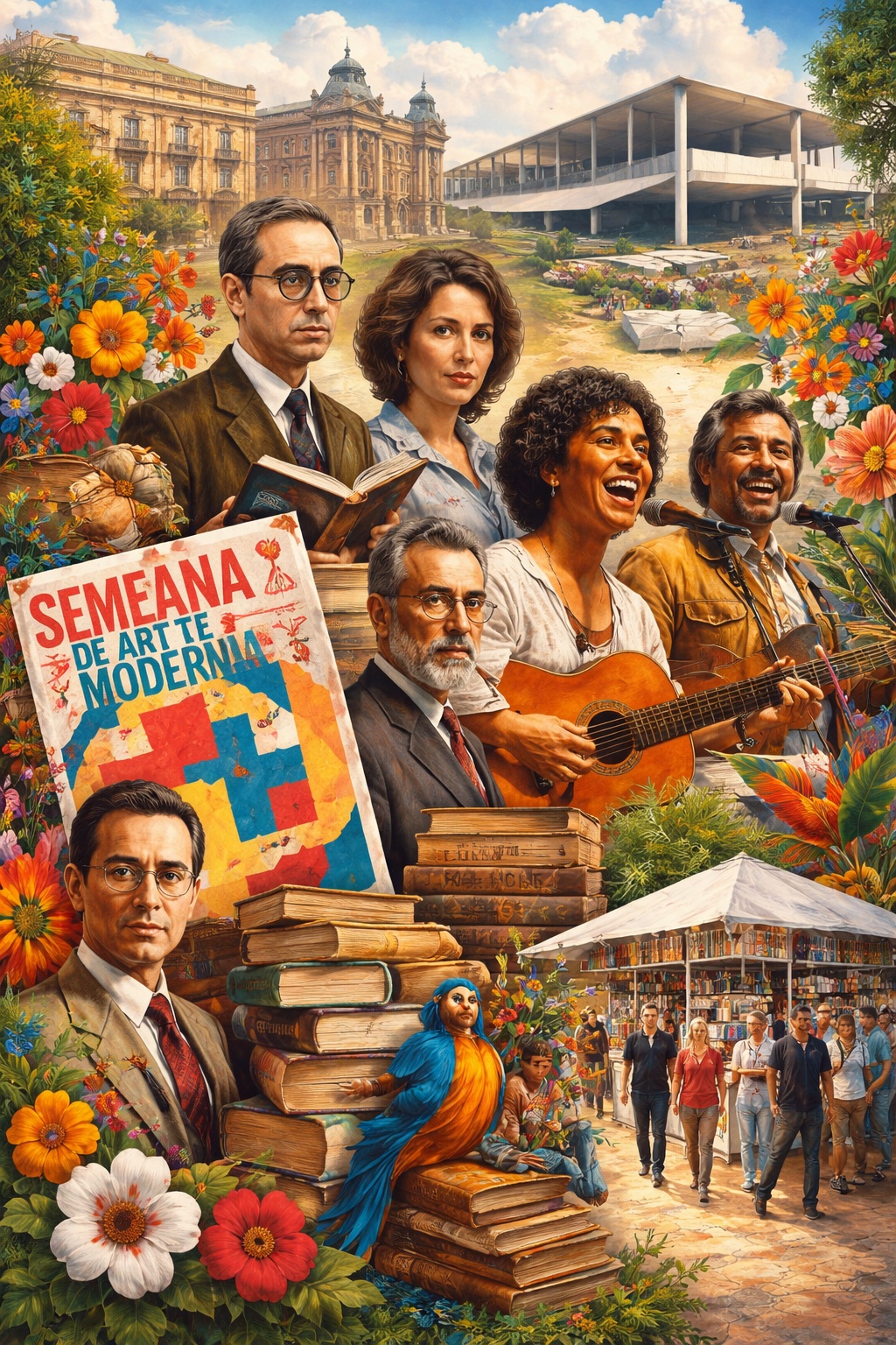A imagem representa a diversidade da arte e da literatura brasileiras ao longo do tempo, reunindo movimentos e eventos culturais marcantes. A composição simboliza o diálogo permanente entre tradição, inovação e identidade nacional.
