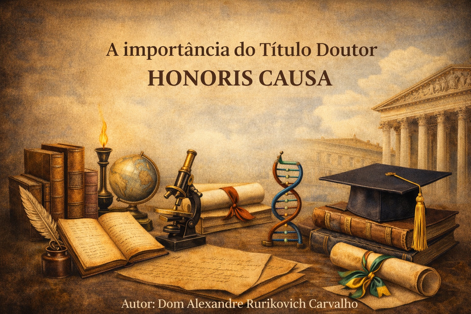 A imagem representa o reconhecimento honorífico por meio de símbolos da literatura, da ciência, da história e da educação. A composição evoca a tradição humanística e institucional da produção e valorização do conhecimento. Imagem criada por IA do ChatGPT