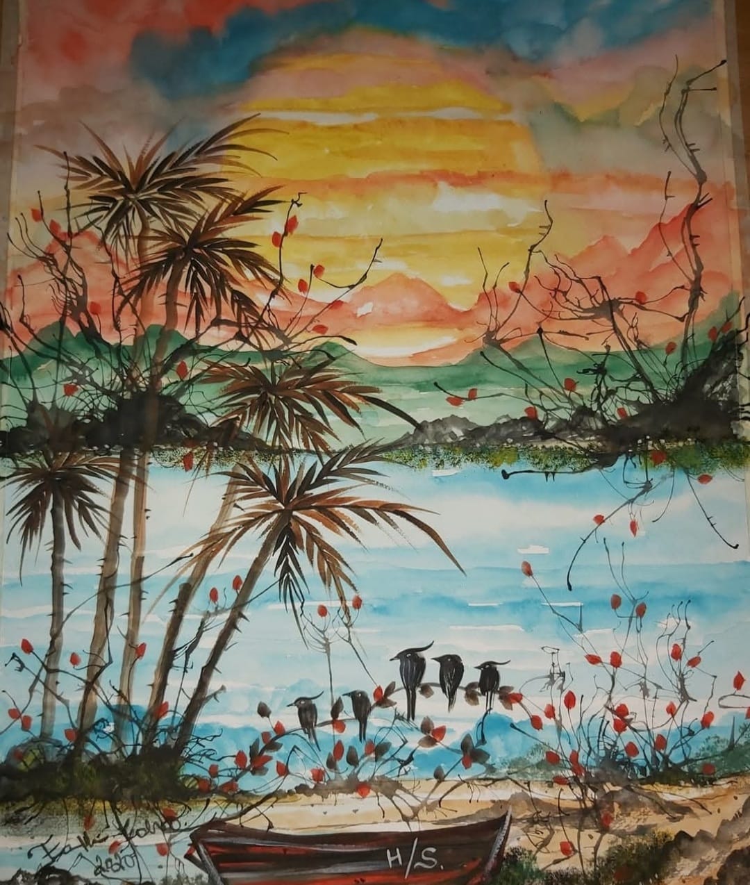 Título "Amaneciéndo en el Manglar", 85x85 - Técnica: Acuarela - Autor: Franklin Calvo