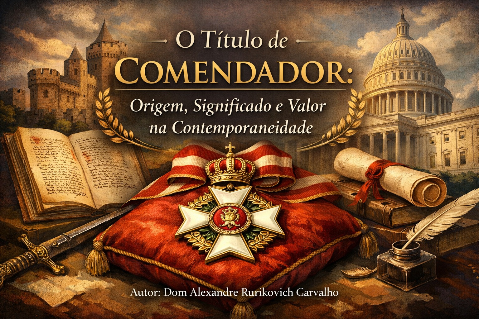 Uma composição solene que une símbolos da tradição medieval e do Estado moderno, tendo ao centro uma comenda repousando sobre almofada cerimonial. A imagem traduz visualmente o valor histórico, simbólico e contemporâneo do título de Comendador. Imagem criada por IA do ChatGPT