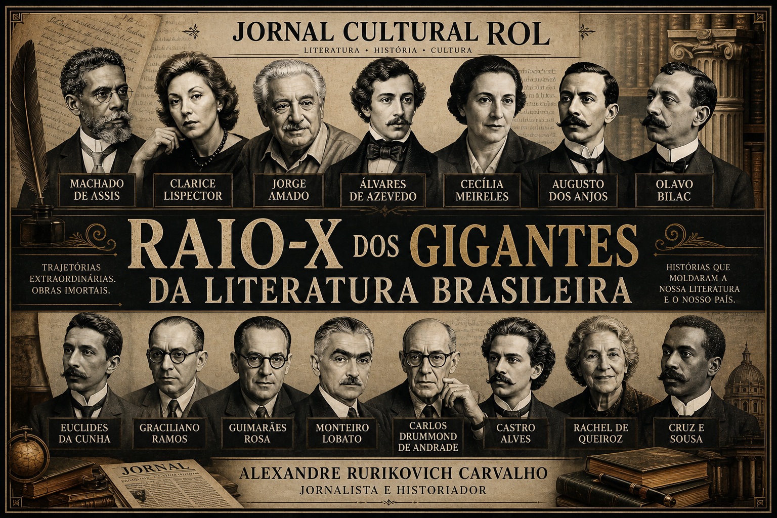 A imagem apresenta um layout editorial sofisticado, com estética clássica em tons sépia, reunindo retratos de grandes nomes da literatura brasileira em composição harmoniosa e elegante. O título central, “Raio-X dos Gigantes da Literatura Brasileira”, destaca-se com tipografia imponente, reforçando o caráter cultural e analítico da obra. Na base, a assinatura “Alexandre Rurikovich Carvalho – Jornalista e Historiador” confere autoria e credibilidade à publicação. Imagem criada por inteligência artificial.