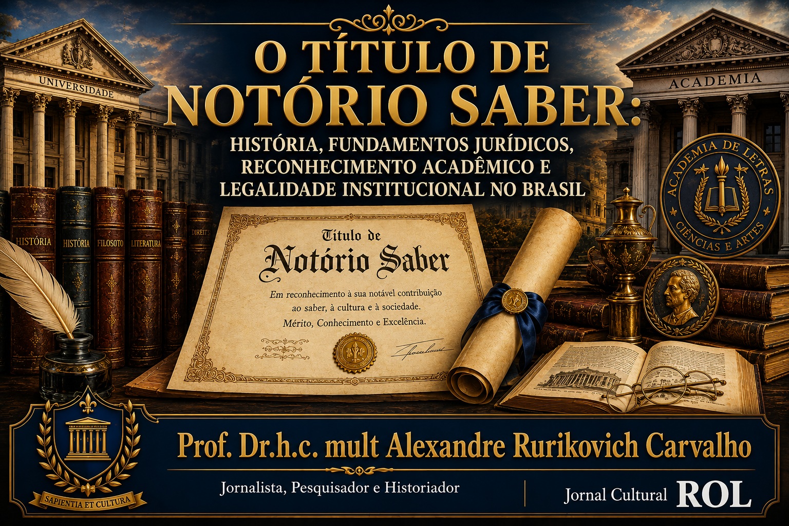 Arte horizontal de temática acadêmica e cultural, destacando universidades, academias, diplomas e livros antigos  como símbolos do conhecimento e da tradição intelectual. Ao centro, o título do artigo em destaque, acompanhado  por um certificado de Notório Saber e elementos que remetem à pesquisa, educação e reconhecimento  acadêmico. A composição utiliza tons dourados e azul-escuro, transmitindo solenidade, prestígio e excelência. Na  parte inferior, constam o nome do autor e a identificação do Jornal Cultural ROL. Imagem criada por IA. 