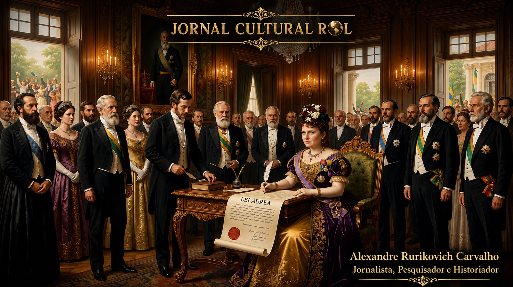 A imagem retrata a Princesa Isabel assinando a Lei Áurea, cercada por autoridades e membros da corte imperial. A cena representa a abolição da escravidão no Brasil em 13 de maio de 1888. A composição destaca a importância histórica, política e social desse acontecimento. A arte também apresenta a identificação do jornalista, pesquisador e historiador Alexandre Rurikovich Carvalho, autor do artigo, e do JORNAL CULTURAL ROL. Imagem criada por IA.