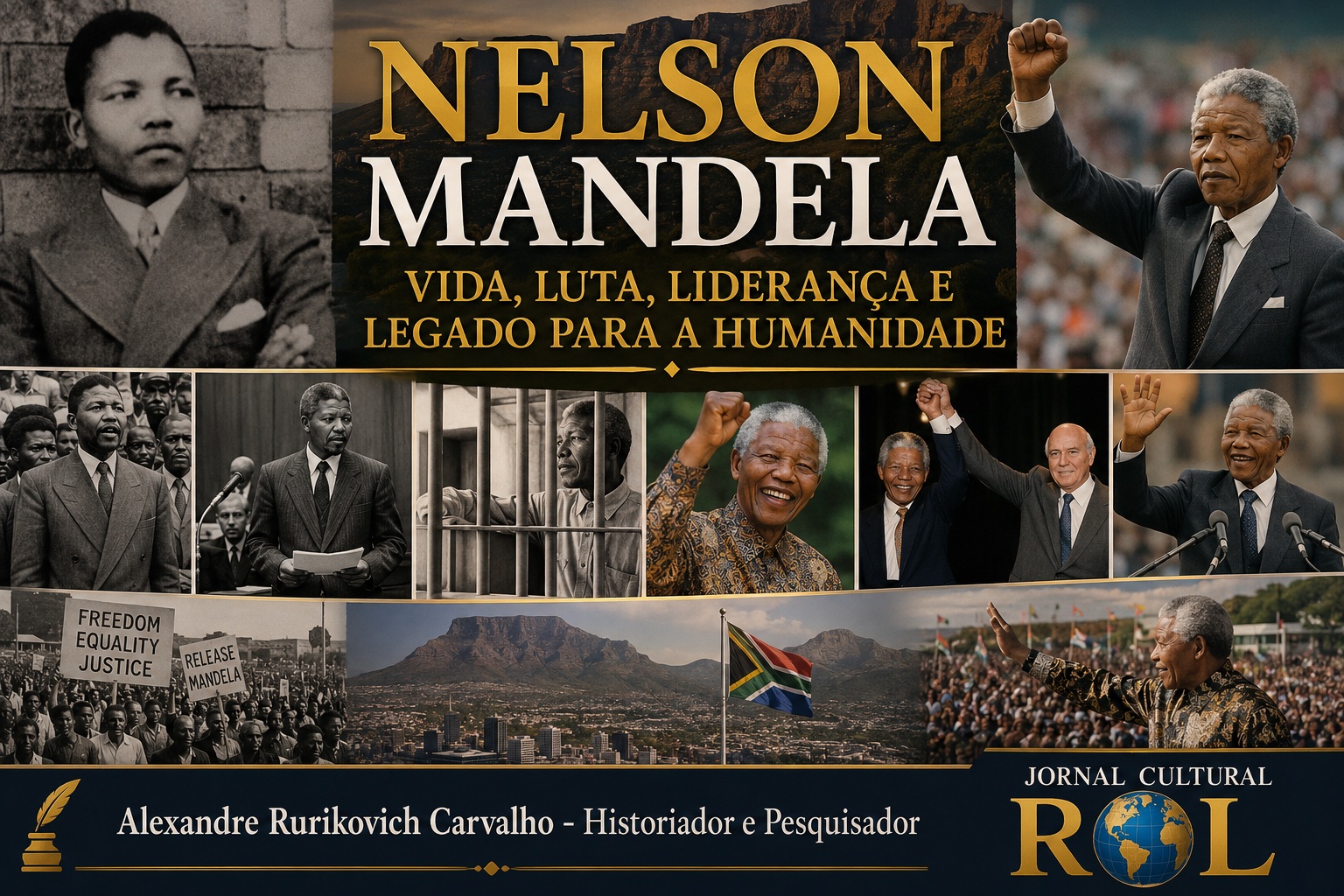 Imagem histórica retratando os principais momentos da vida de Nelson Mandela, desde sua juventude e militância contra o apartheid até sua consagração como líder mundial da paz e da reconciliação. A composição reúne imagens de sua prisão, libertação, ascensão à presidência e atuação humanitária, destacando sua trajetória de luta pela igualdade racial e pelos direitos humanos. Imagem criada por IA.