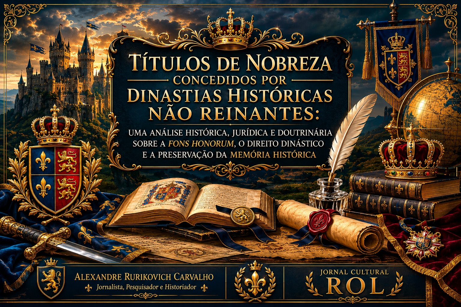 Imagem em estilo medieval e nobiliárquico, com castelo fortificado ao fundo, coroa real, brasões heráldicos, livros antigos, pergaminhos e símbolos dinásticos que remetem à tradição monárquica europeia. A composição em tons de azul e dourado destaca o título do artigo em elegante tipografia clássica, transmitindo erudição, prestígio e rigor acadêmico. Na parte inferior, constam a identificação do autor, Alexandre Rurikovich Carvalho, Jornalista, Pesquisador e Historiador e a marca institucional do Jornal Cultural ROL. Imagem criada por IA.