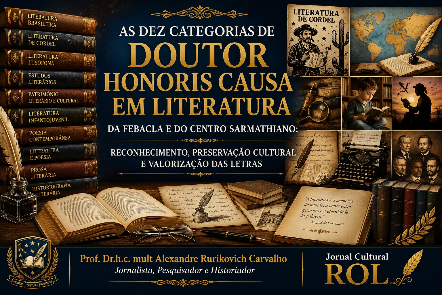 Imagem composta por livros clássicos, manuscritos, pena de escrever, máquina de datilografia e imagens  representativas das diversas áreas da literatura, simbolizando a riqueza e a diversidade das letras. Ao centro,  destaca-se o título do artigo em tipografia nobre nas cores azul e dourado, enfatizando o reconhecimento da  excelência literária, da preservação cultural e da valorização do patrimônio intelectual. Na parte inferior, a arte  apresenta a identificação do autor e a marca do Jornal Cultural ROL. Imagem criada por IA.