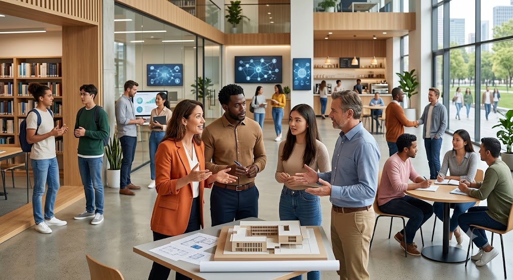 Fotografia em plano geral de um ambiente moderno e luminoso de convivência e aprendizado, sem qualquer texto visível. No centro, quatro pessoas de idades e origens diversas conversam ativamente ao redor de uma mesa com a maquete de um prédio. Ao fundo e nas laterais, outros grupos interagem em diferentes contextos: dois jovens dialogam perto de estantes de livros, profissionais trocam um aperto de mão ao fundo, e um casal conversa sentado a uma mesa redonda. A cena transmite dinamicidade, empatia e a prática da comunicação verbal e não verbal em múltiplos ambientes integrados.