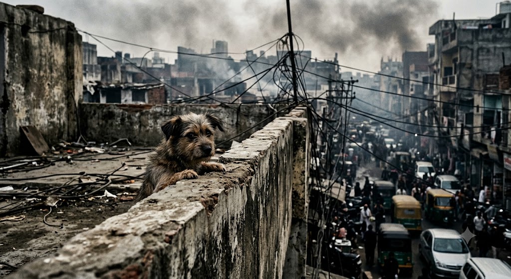 Fotografia em estilo cinematográfico de um pequeno e doce cachorro espiando por cima de um muro de concreto sujo, no topo de um prédio antigo. Ao fundo, uma cidade caótica e poluída se estende sob uma luz dramática, com fios elétricos emaranhados e fumaça de trânsito. O cão observa a cena com um olhar profundo e triste.
