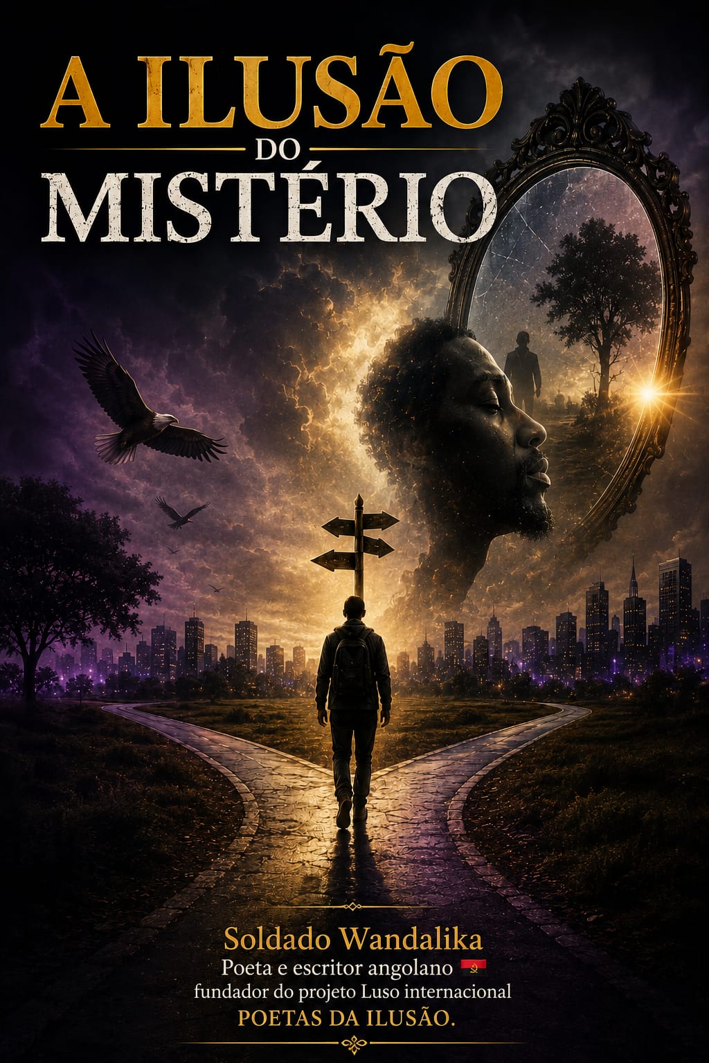 Capa do livro "A ILUSÃO DO MISTÉRIO", de Soldado Wandalika. A imagem mostra uma pessoa de costas caminhando por uma estrada de pedra que se divide em duas direções, em um cenário sombrio e misterioso. Ao fundo, uma grande nuvem forma o perfil do rosto de um homem negro ao lado de um espelho antigo refletindo uma árvore e uma figura distante. No topo, o título aparece em letras douradas e brancas, e na parte inferior consta a autoria e a descrição do autor como poeta e escritor angolano.