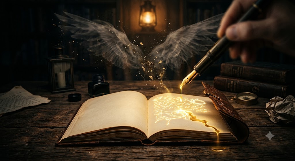 Sobre uma mesa, um livro aberto, do qual está saindo asas abertas. sobre o livro uma mão escrevendo sobre o livro