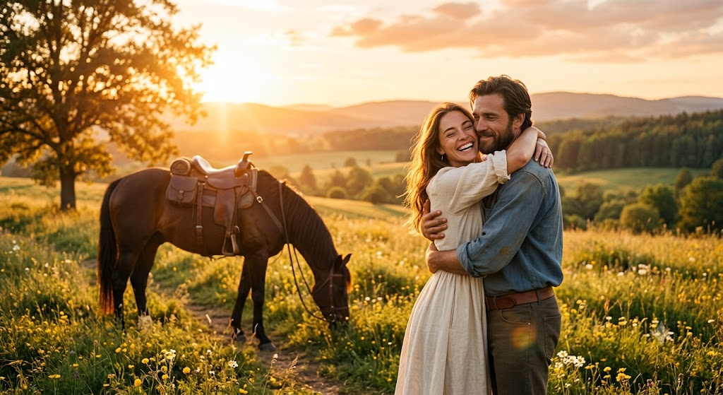 Uma mulher sorridente em um vestido claro e um homem de camisa azul se abraçam apaixonadamente em um campo florido ao pôr do sol, com um cavalo marrom pastando ao fundo.