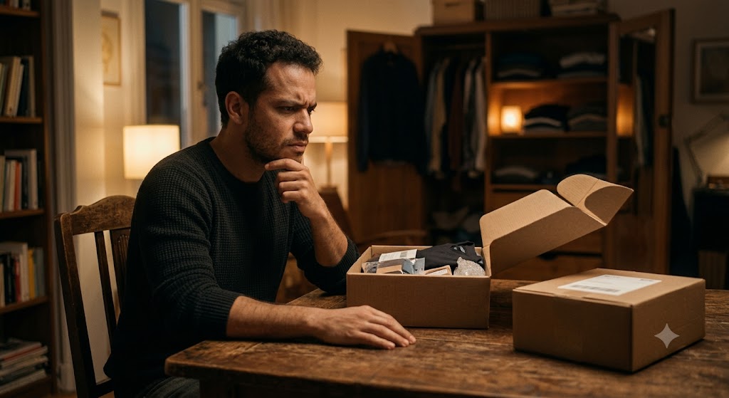 A man smiling next to an open cardboard box on a table and a smaller unopened box with a label, in a warmly lit room.