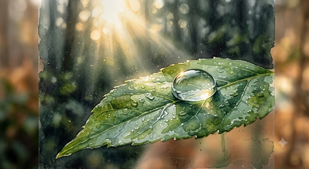 Aquarela delicada de uma grande gota de chuva sobre uma folha verde, iluminada pelos raios do sol matinal em um fundo de floresta enevoada.