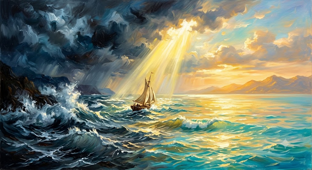 Pintura ao óleo dividida entre uma tempestade e a calmaria. À esquerda, ondas gigantescas e nuvens escuras ameaçam um pequeno barco. À direita, as águas se tornam calmas e douradas sob um raio de luz celestial que atravessa as nuvens. O barco navega em direção à luz, transmitindo uma sensação de paz e alívio.