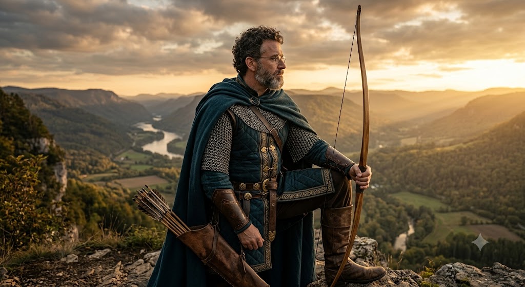 Fotografia estilo fantasia de um homem de meia-idade com óculos, barba grisalha e cabelos escuros e encaracolados, ajoelhado em um pico rochoso. Ele veste traje de guerreiro medieval azul-petróleo com detalhes em cota de malha, capa longa e botas de couro. O homem segura um arco de madeira e tem uma aljava com flechas ao seu lado. Ao fundo, um vasto vale verdejante com um rio sinuoso sob a luz dourada do pôr do sol.