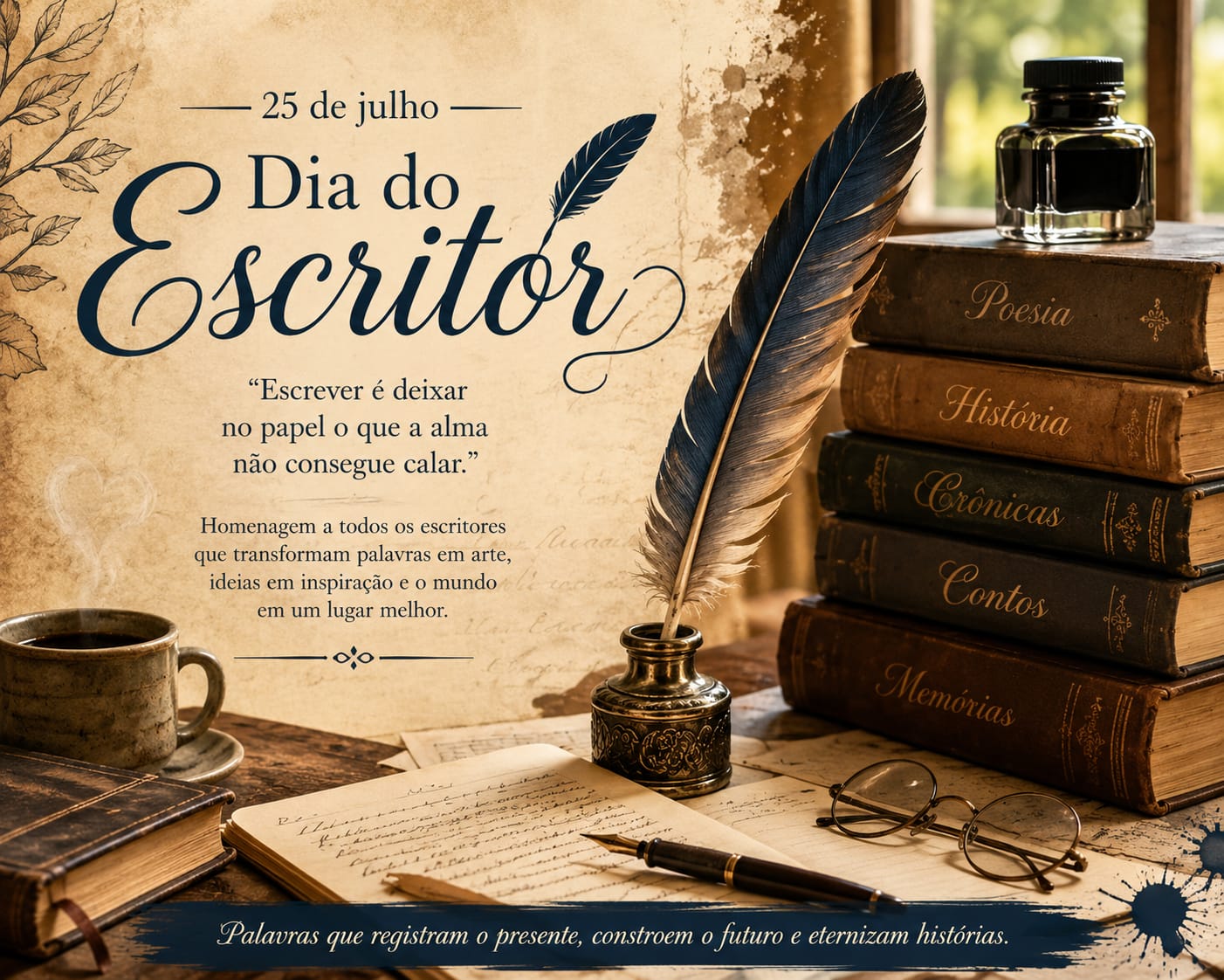 Arte comemorativa do Dia do Escritor, celebrado em 25 de julho. Em um ambiente acolhedor de estilo clássico, uma pena de escrever repousa em um tinteiro sobre uma mesa de madeira, cercada por folhas manuscritas, uma caneta-tinteiro, óculos, uma xícara de café fumegante e livros antigos empilhados com os títulos “Poesia”, “História”, “Crônicas”, “Contos” e “Memórias”. Ao centro, destaca-se a mensagem: “Escrever é deixar no papel o que a alma não consegue calar”, seguida de uma homenagem aos escritores que transformam palavras em arte, ideias em inspiração e o mundo em um lugar melhor. Na faixa inferior, lê-se: “Palavras que registram o presente, constroem o futuro e eternizam histórias.” A composição utiliza tons quentes e iluminação suave, evocando tradição, criatividade e amor pela literatura.